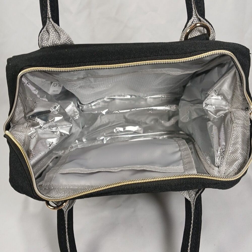 Tomill Insulated Cooler Lunchbox Tote Bag Black with Gold Zippers New Tags - Picture 2 of 7